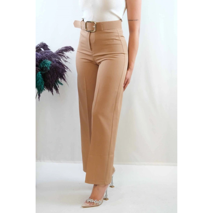 Moda Çizgi Kemerli Pantolon Vizon
