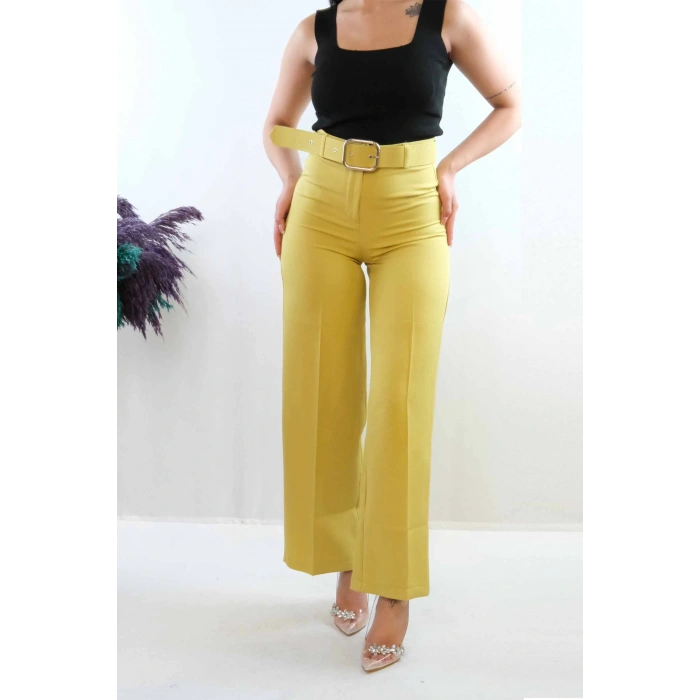 Moda Çizgi Kemerli Pantolon Yağ Yeşili