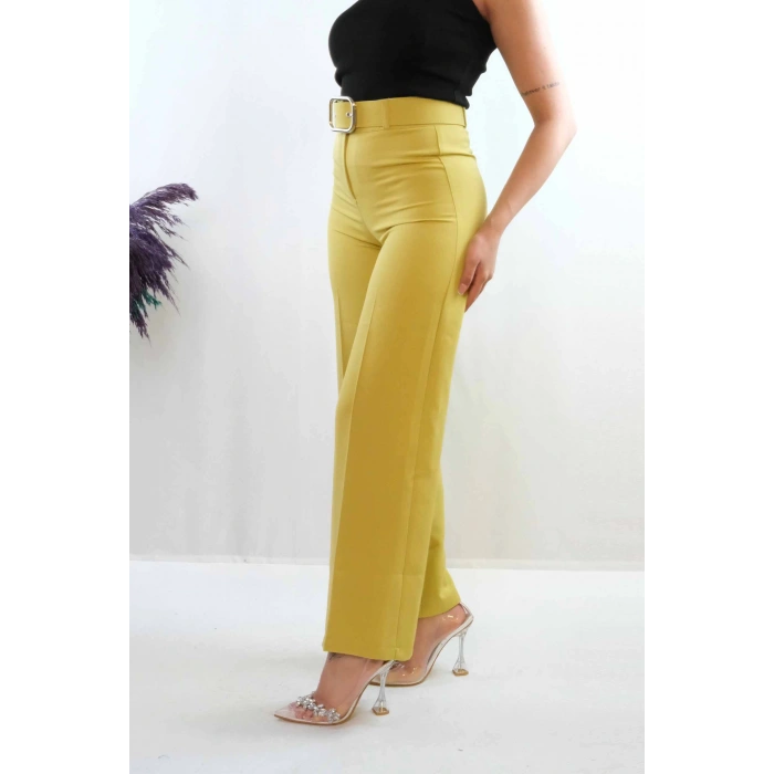Moda Çizgi Kemerli Pantolon Yağ Yeşili