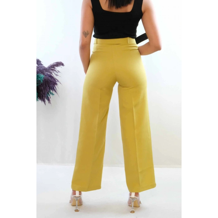 Moda Çizgi Kemerli Pantolon Yağ Yeşili