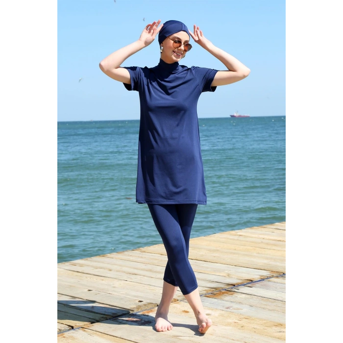 Moda Çizgi Kısa Kol Lacivert Yarım Tesettür Mayo 33015