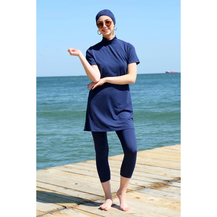 Moda Çizgi Kısa Kol Lacivert Yarım Tesettür Mayo 33015