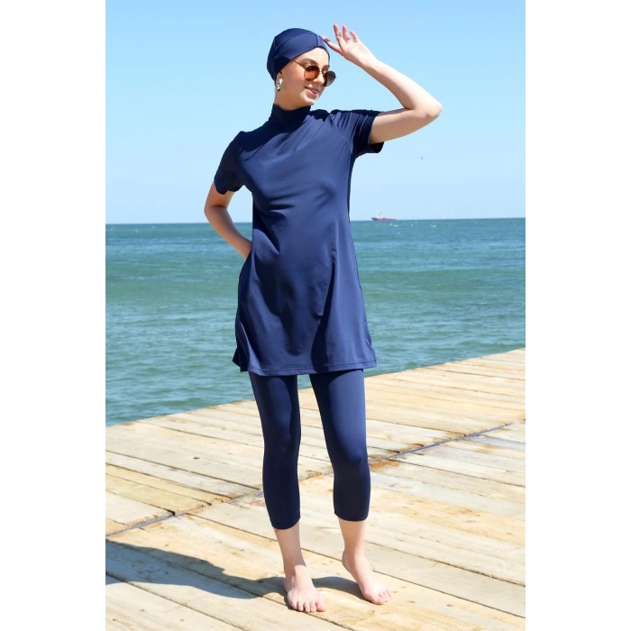 Moda Çizgi Kısa Kol Lacivert Yarım Tesettür Mayo 33015