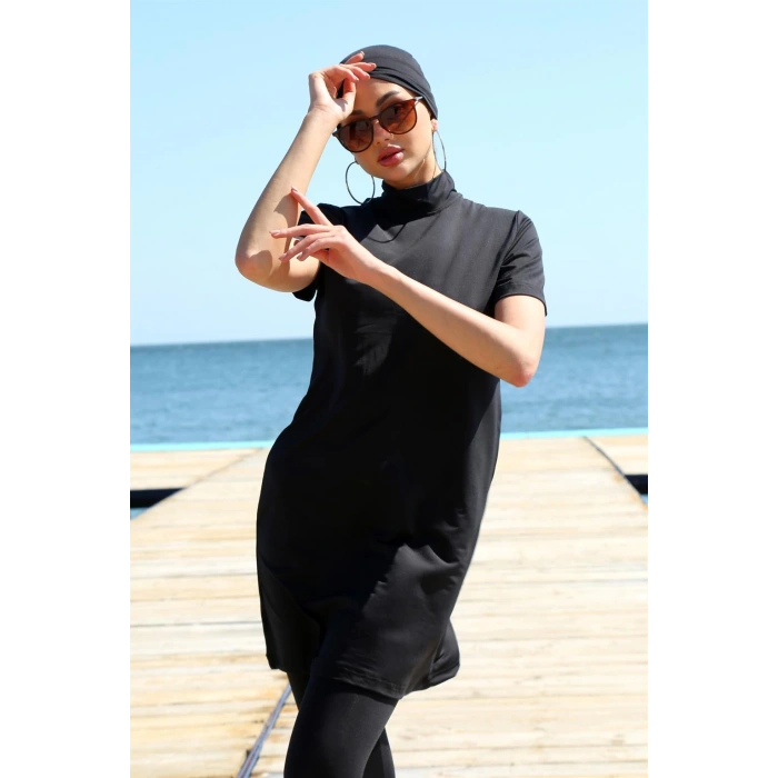 Moda Çizgi Kısa Kol Siyah Yarım Tesettür Mayo 33015
