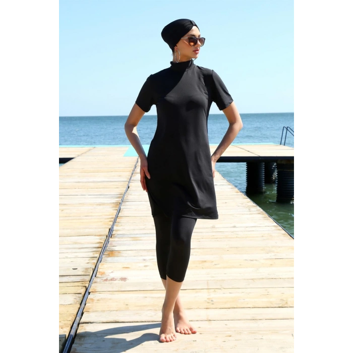 Moda Çizgi Kısa Kol Siyah Yarım Tesettür Mayo 33015