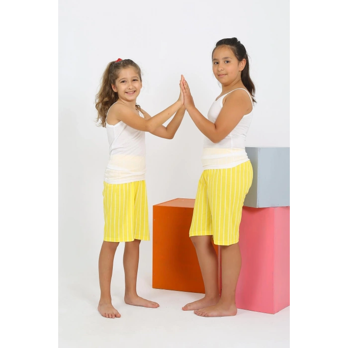 Moda Çizgi Kız Çocuk İp Askılı Şortlu Penye Beyaz Pijama Takım 20430