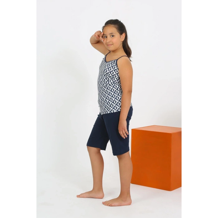 Moda Çizgi Kız Çocuk İp Askılı Şortlu Penye Lacivert Pijama Takım 20430