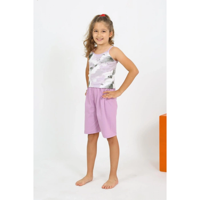 Moda Çizgi Kız Çocuk İp Askılı Şortlu Penye Lila Pijama Takım 20430