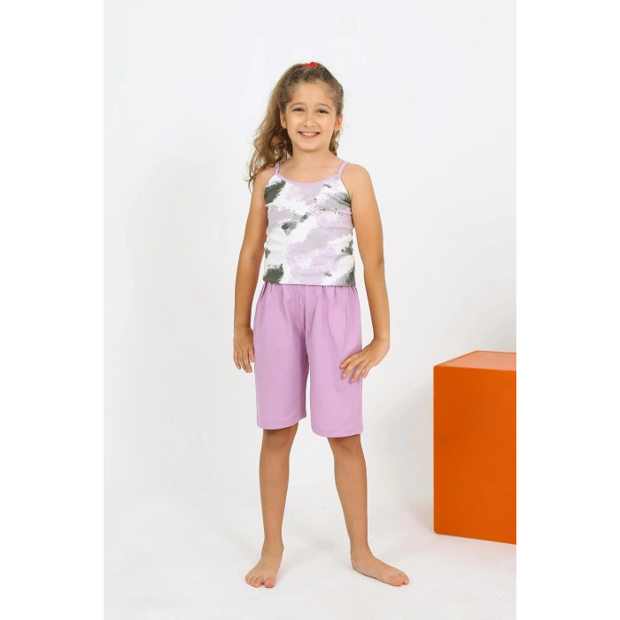 Moda Çizgi Kız Çocuk İp Askılı Şortlu Penye Lila Pijama Takım 20430
