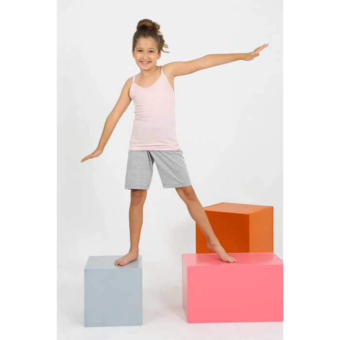 Moda Çizgi Kız Çocuk İp Askılı Şortlu Penye Pembe Pijama Takım 20430