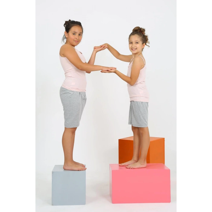 Moda Çizgi Kız Çocuk İp Askılı Şortlu Penye Pembe Pijama Takım 20430