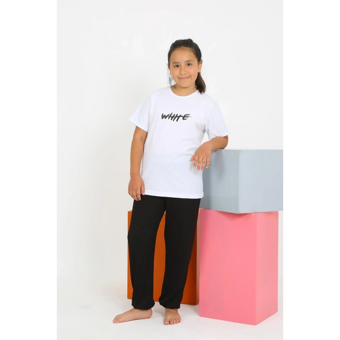 Moda Çizgi Kız Çocuk Kısa Kol Beyaz Penye Pijama Takım 20432