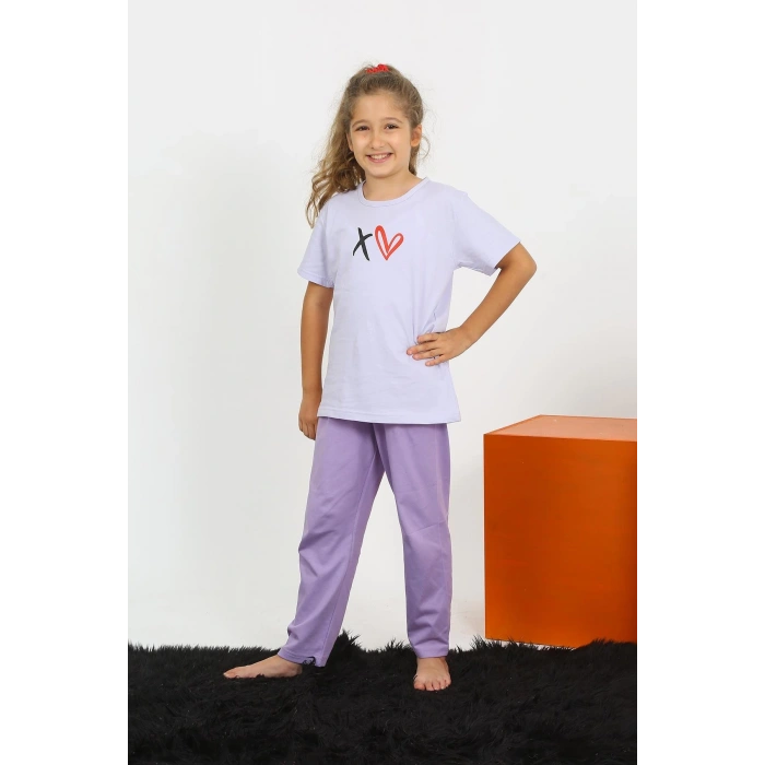 Moda Çizgi Kız Çocuk Kısa Kol Lila Penye Pijama Takım 20432