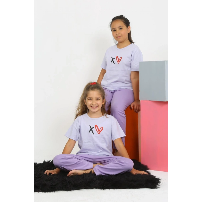Moda Çizgi Kız Çocuk Kısa Kol Lila Penye Pijama Takım 20432