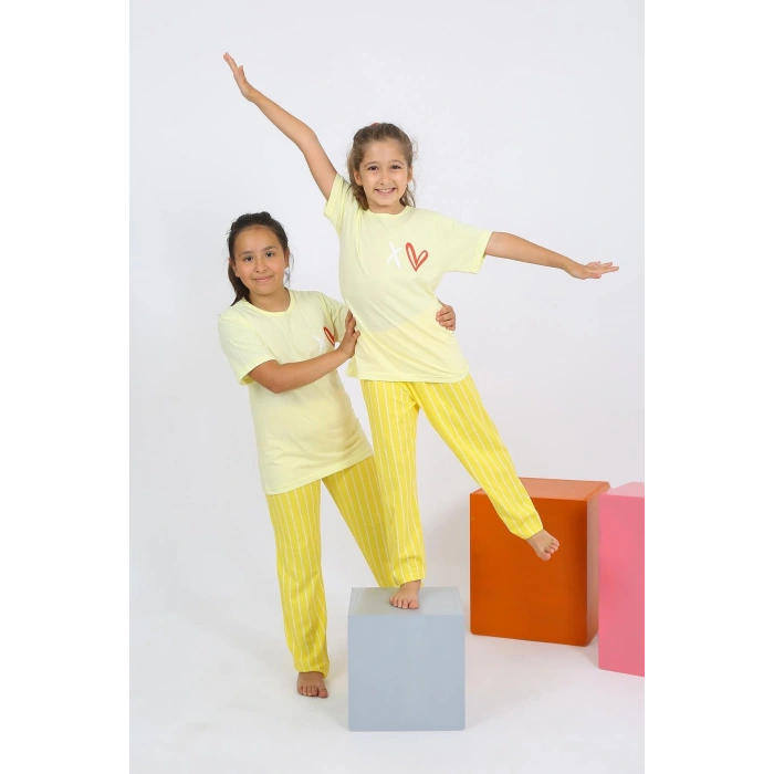 Moda Çizgi Kız Çocuk Kısa Kol Sarı Penye Pijama Takım 20432