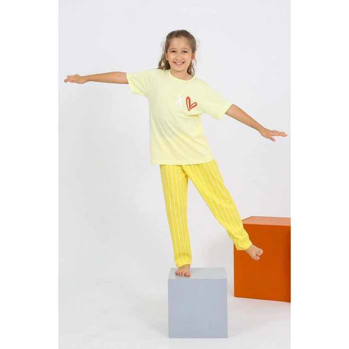 Moda Çizgi Kız Çocuk Kısa Kol Sarı Penye Pijama Takım 20432