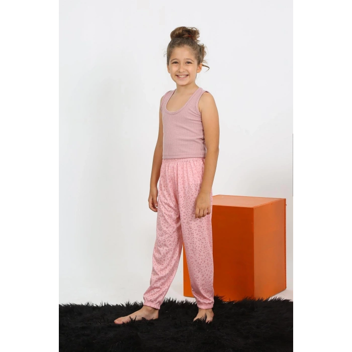 Moda Çizgi Kız Çocuk Sıfır Kol Gül Kurusu Penye Pijama Takım 20433