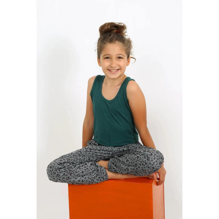 Moda Çizgi Kız Çocuk Sıfır Kol Zümrüt Yeşili Penye Pijama Takım 20433