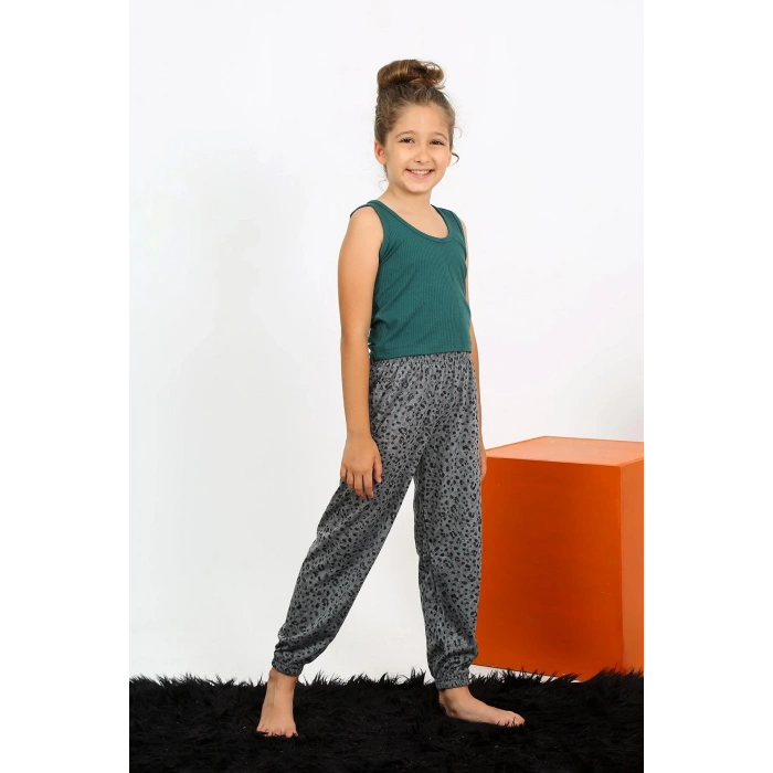 Moda Çizgi Kız Çocuk Sıfır Kol Zümrüt Yeşili Penye Pijama Takım 20433