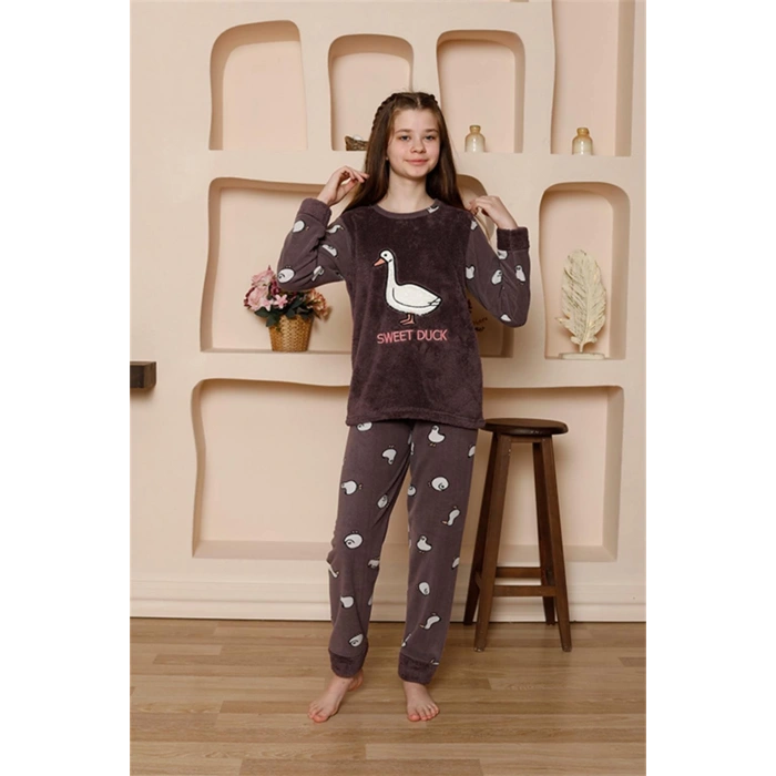 Moda Çizgi Kız Çocuk WelSoft Polar Mürdüm Pijama Takımı 20525