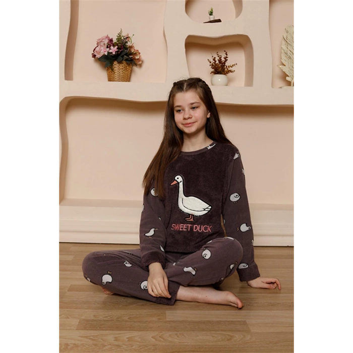 Moda Çizgi Kız Çocuk WelSoft Polar Mürdüm Pijama Takımı 20525