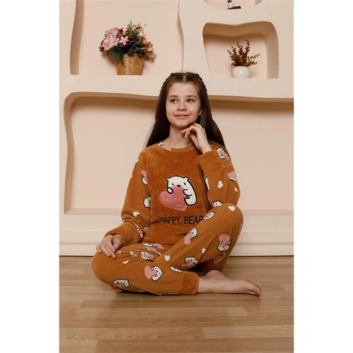 Moda Çizgi Kız Çocuk WelSoft Polar Sütlü Kahve Pijama Takımı 20523