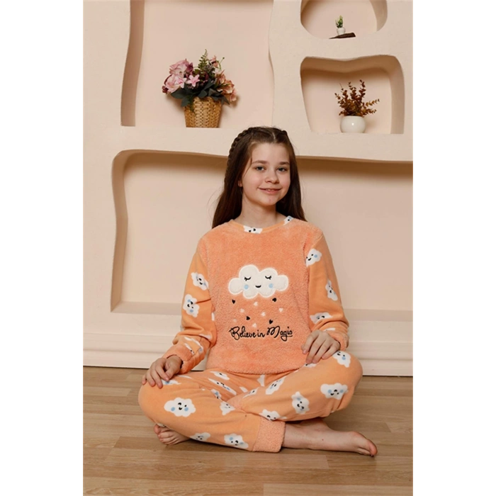 Moda Çizgi Kız Çocuk WelSoft Polar Turuncu Pijama Takımı 20527