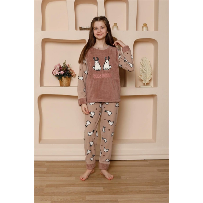 Moda Çizgi Kız Çocuk WelSoft Polar Vizon Pijama Takımı 20524