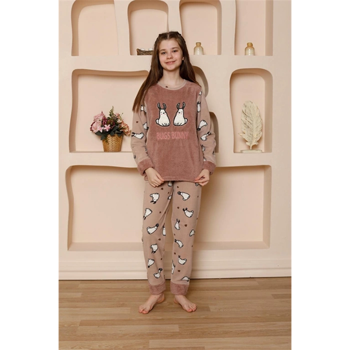 Moda Çizgi Kız Çocuk WelSoft Polar Vizon Pijama Takımı 20524