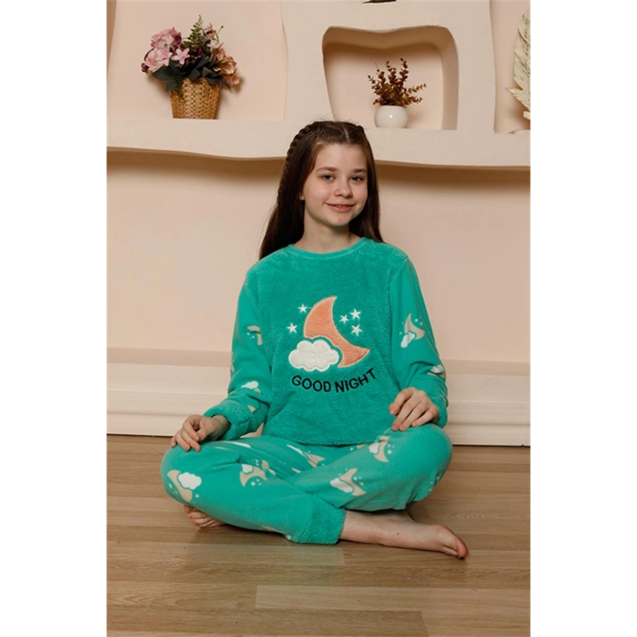 Moda Çizgi Kız Çocuk WelSoft Polar Yeşil Pijama Takımı 20526