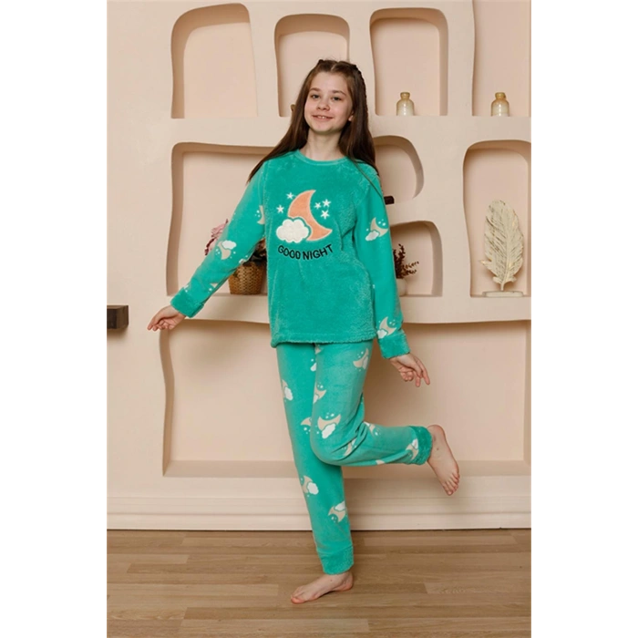 Moda Çizgi Kız Çocuk WelSoft Polar Yeşil Pijama Takımı 20526