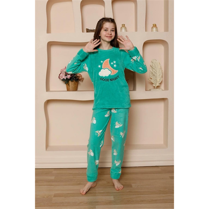 Moda Çizgi Kız Çocuk WelSoft Polar Yeşil Pijama Takımı 20526
