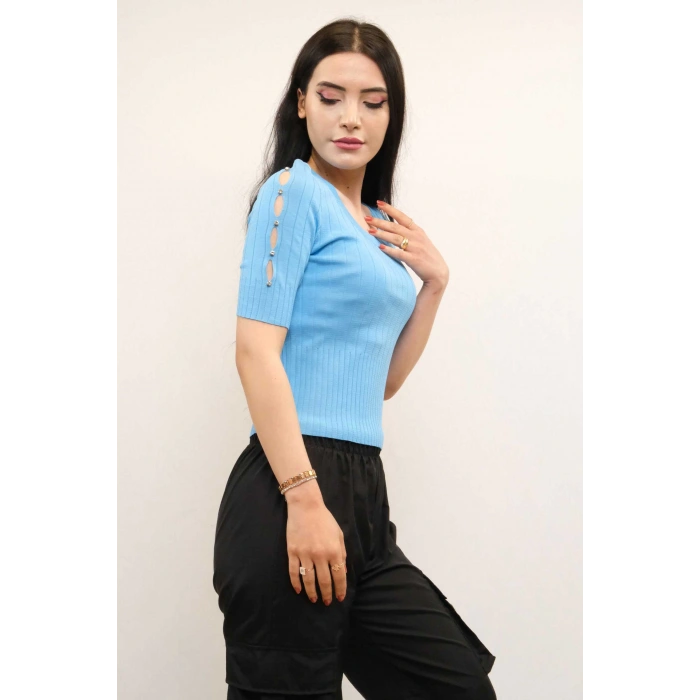 Moda Çizgi Kolları Taşlı Triko Bluz Mavi