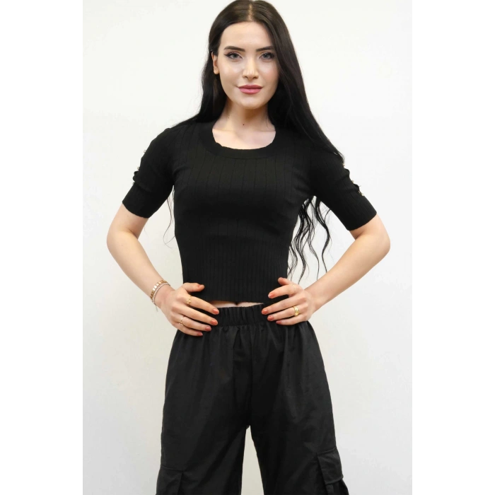 Moda Çizgi Kolları Taşlı Triko Bluz Siyah