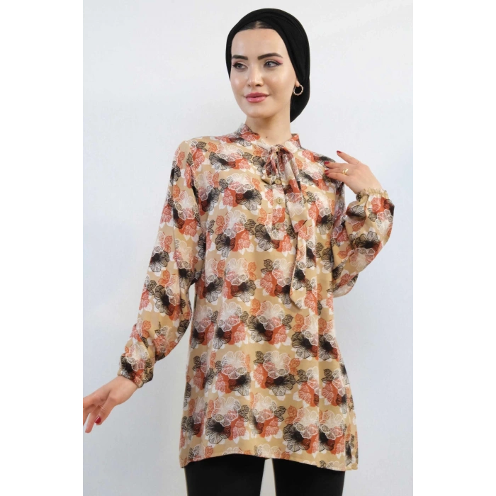 Moda Çizgi Kravatlı Bluz MC5172 Bej