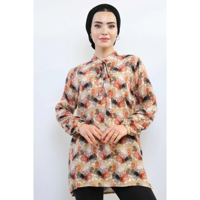 Moda Çizgi Kravatlı Bluz MC5172 Bej