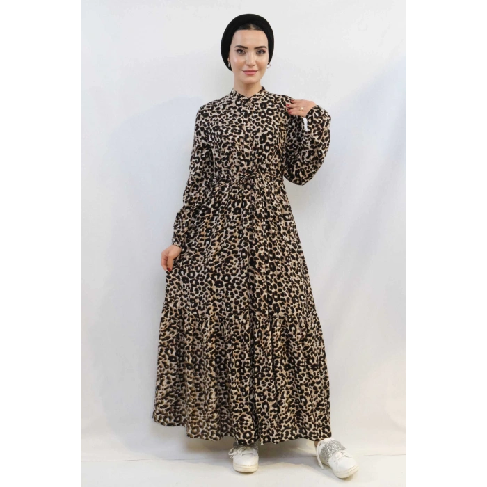 Moda Çizgi Leopar Desenli Elbise
