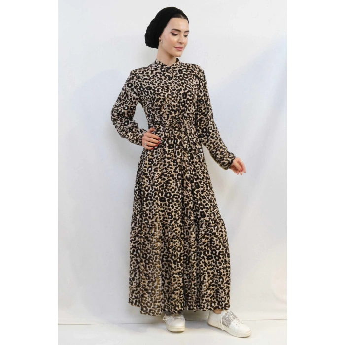 Moda Çizgi Leopar Desenli Elbise