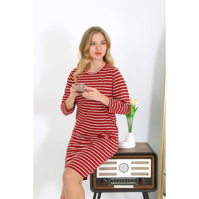 Moda Çizgi Pamuk Ev Elbisesi Tunik Gecelik Kırmızı 13132