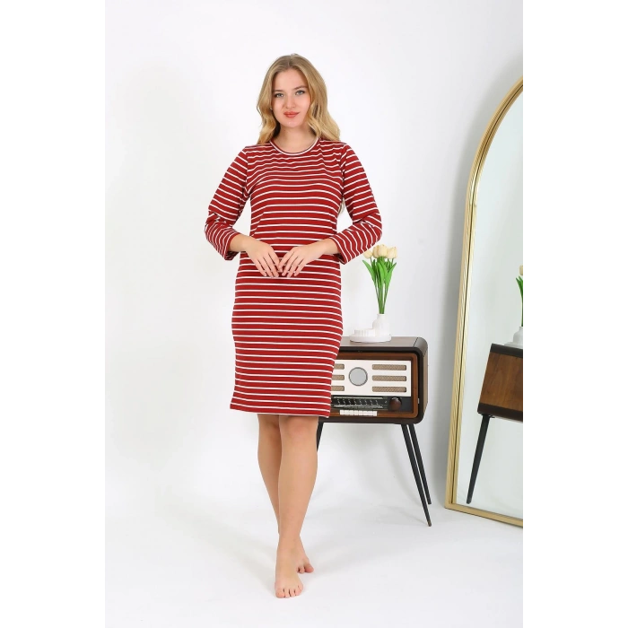Moda Çizgi Pamuk Ev Elbisesi Tunik Gecelik Kırmızı 13132