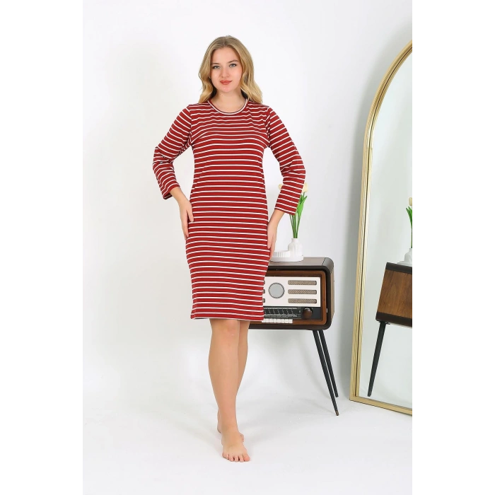 Moda Çizgi Pamuk Ev Elbisesi Tunik Gecelik Kırmızı 13132