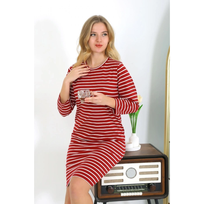 Moda Çizgi Pamuk Ev Elbisesi Tunik Gecelik Kırmızı 13132
