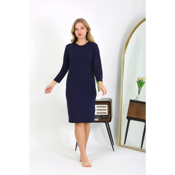 Moda Çizgi Pamuk Ev Elbisesi Tunik Gecelik Lacivert 13132