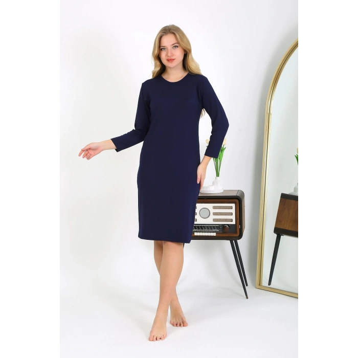 Moda Çizgi Pamuk Ev Elbisesi Tunik Gecelik Lacivert 13132