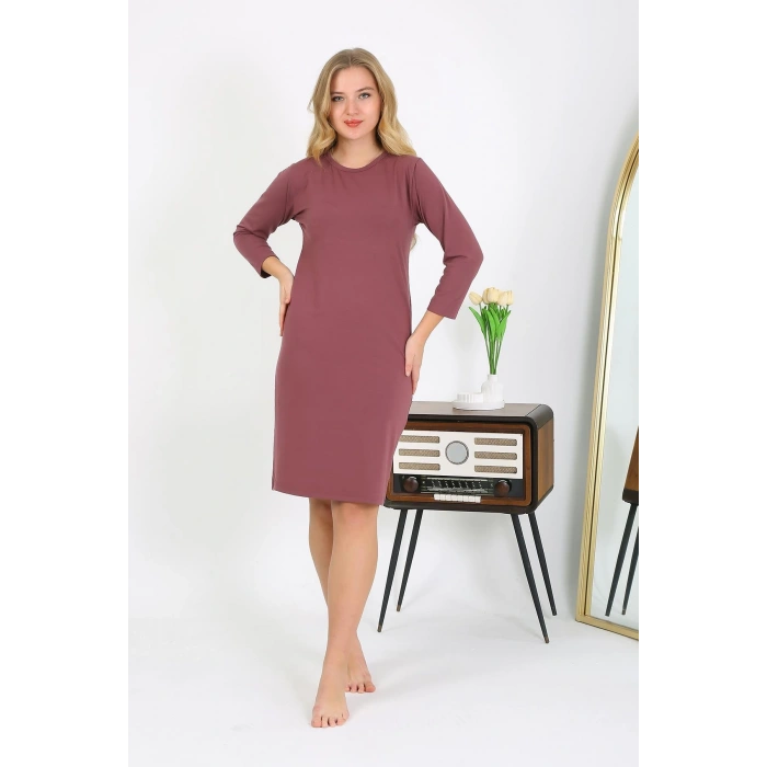 Moda Çizgi Pamuk Ev Elbisesi Tunik Gecelik Mürdüm 13132