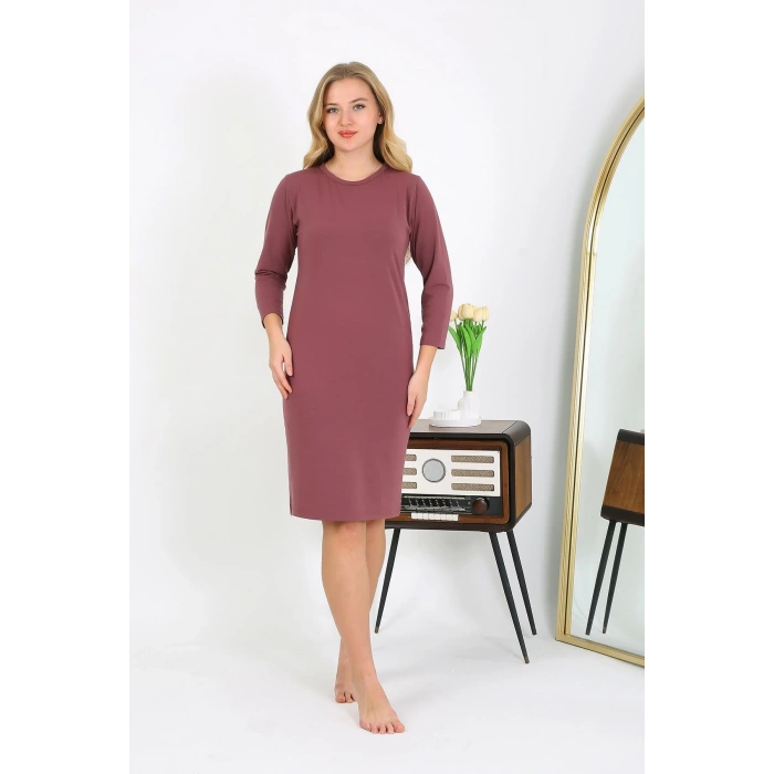 Moda Çizgi Pamuk Ev Elbisesi Tunik Gecelik Mürdüm 13132