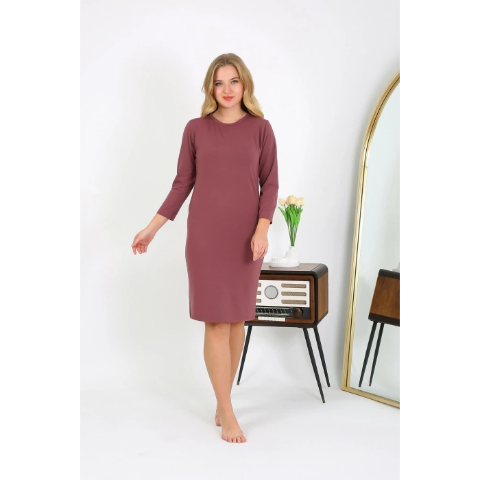 Moda Çizgi Pamuk Ev Elbisesi Tunik Gecelik Mürdüm 13132