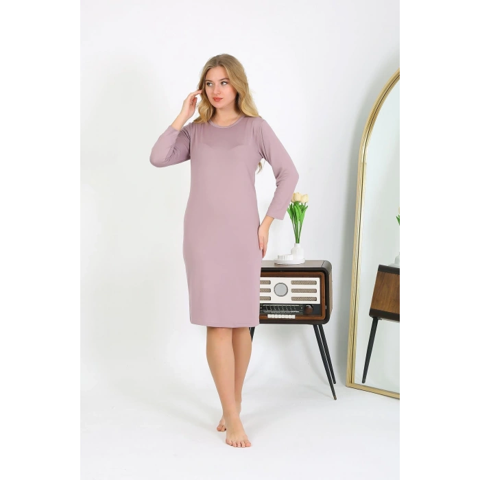 Moda Çizgi Pamuk Ev Elbisesi Tunik Gecelik Pudra 13132