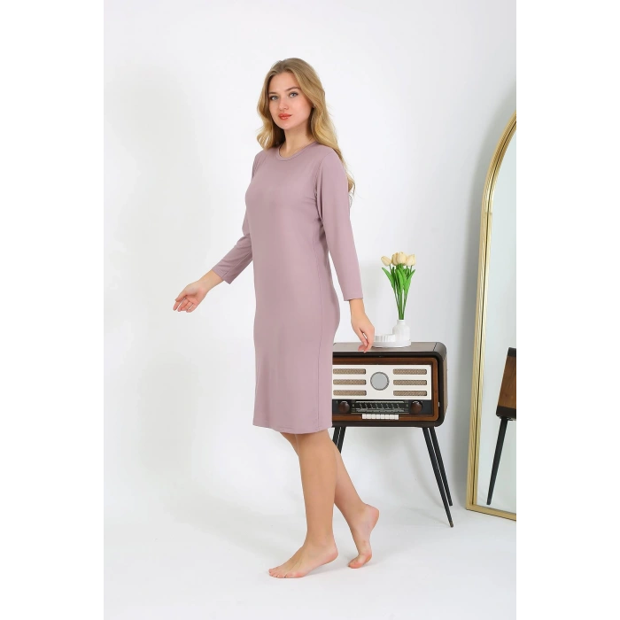 Moda Çizgi Pamuk Ev Elbisesi Tunik Gecelik Pudra 13132