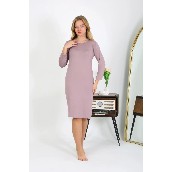 Moda Çizgi Pamuk Ev Elbisesi Tunik Gecelik Pudra 13132